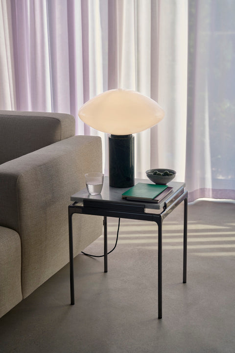 Sett LN11 End Table by &Tradition with Bianco Carrara Marble Top paired with Mist AP17 Table Lamp and Collect Glass SC78 in modern living space