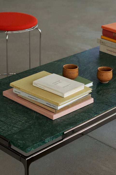 Sett LN12 Coffee Table by &Tradition in Verde Guatemala Marble with Dark Chrome Frame paired with Wire Stool VP11 and ceramic cups