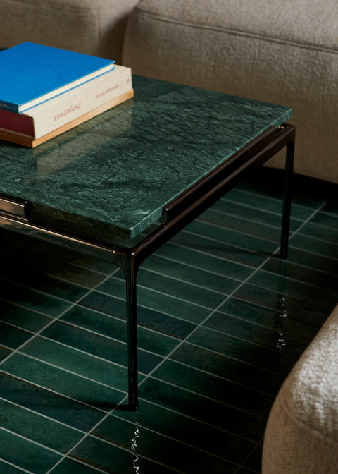 Sett LN12 Coffee Table by &Tradition in Verde Guatemala Marble with Dark Chrome Frame styled in modern interior