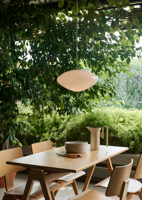 Daystak RD2 Table by &Tradition in beech with Daystak RD1 Chairs, styled with Mist AP15 Rug and Momento JH38 Jug