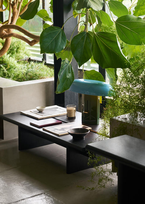 Ita OS3 Coffee Table by &Tradition in dark stained oak styled with books and decor beside lush indoor greenery and a blue lamp.