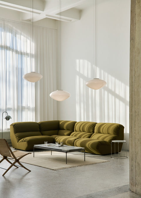 Sett LN12 Coffee Table by &Tradition in Bianco Carrara Marble with Dark Chrome Frame paired with Hi Lo AV55 Sofa, Wire Stool VP11, and Flowerpot VP12 Lamp
