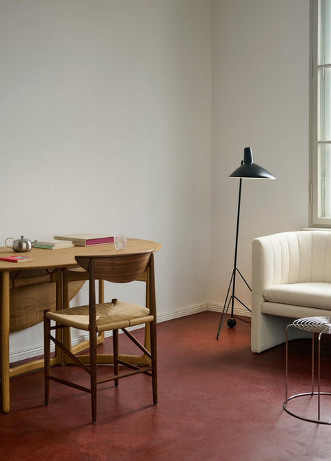 Minimal interior with Drawn HM3 Chair by &Tradition at wooden desk, designed by Hvidt & Mølgaard – Scandinavian Danish design icon