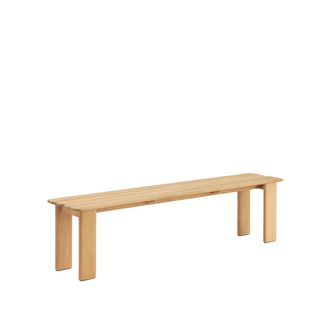 Muuto Assemble Bench in FSC certified teak with solid wood legs and slatted seat for outdoor use