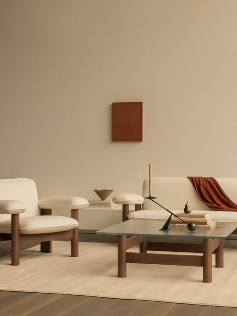 Audo Copenhagen Brasilia Lounge Chair, Low Back with the Interconnect Candle Holder and the Brasilia Lounge Table