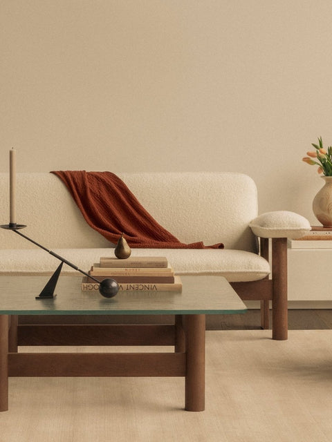 Audo Copenhagen Brasilia Lounge Table with the Interconnect Candle Holder and the Brasilia Sofa