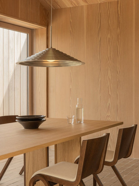 Audo Copenhagen Chancery Pendant Lamp with the Androgyne Dining Table and the Bottle Carafe