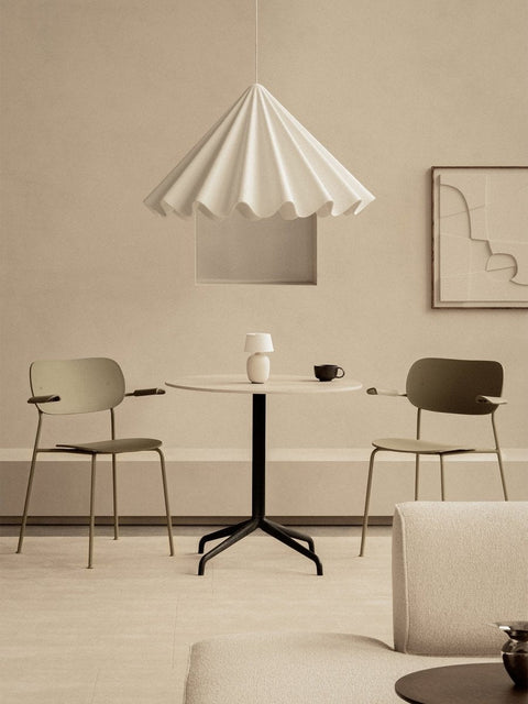Audo Copenhagen Co Dining Chair, Outdoor, olive Co Dining Chairs with armrests at a Harbour Column Table, Dancing Pendant, Torso Table Lamp and a Branch Side Table