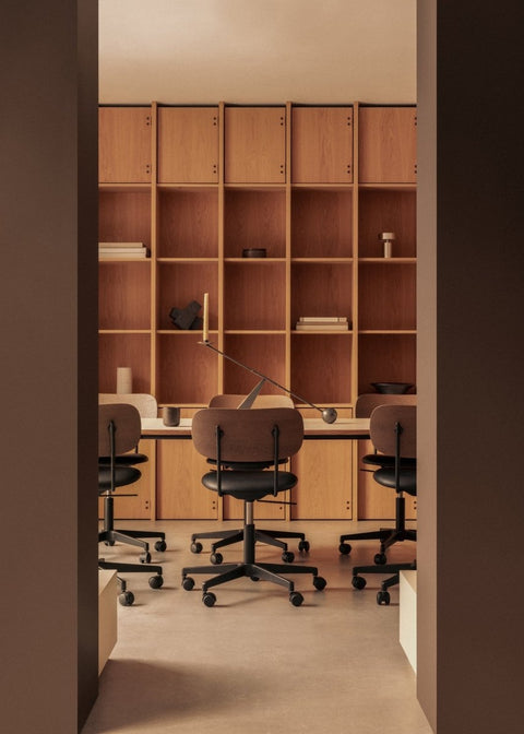 Audo Copenhagen Co Task Chair, Upholstered Seat, Without Arms, upholstered Co Task Chairs at a Co Table with an Interconnect Candleholder against a wall of wooden shelving