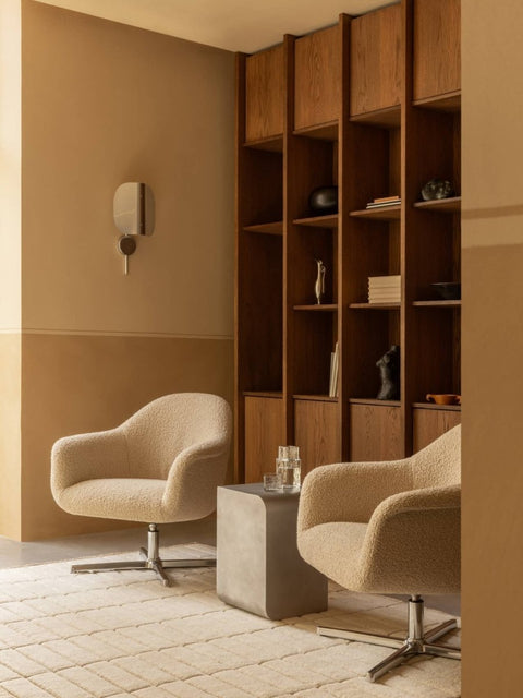 Audo Copenhagen Harbour Lounge Chair, Star Base with the Volume Side Table and the Wing Wall Lamp