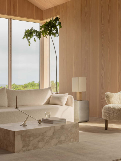 Audo Copenhagen Nonna Table Lamp, Travertine with the Ingeborg Lounge Chair and the Offset Sofa