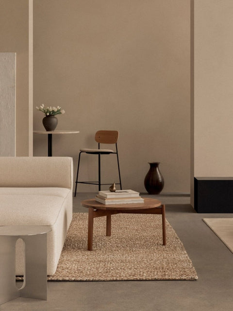 Audo Copenhagen Co Counter Chair, Upholstered, minimalist living room with an Eave Modular Sofa, a Passage Lounge Table, and a Co Counter Chair at a Harbour Column Table