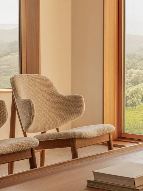 Audo Copenhagen The Penguin Wooden Lounge Chair, Upholstered with the Conrad Lounge Table