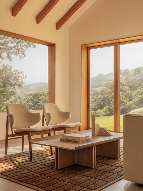 Audo Copenhagen The Penguin Wooden Lounge Chair, Upholstered with the Eave Seamline Lounge Chair and the Conrad Lounge Table