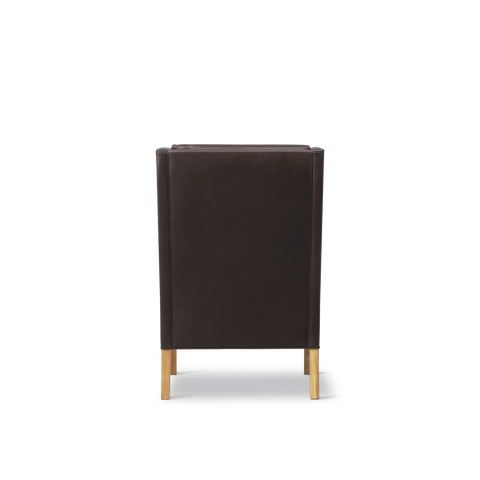 Back view of Borge Mogensen Wing Chair by Fredericia in dark brown leather with oak legs, Scandinavian lounge chair, Canada