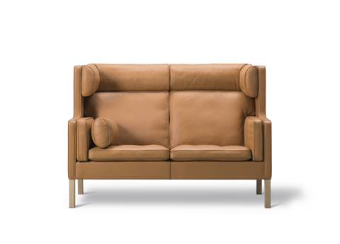 Borge Mogensen 2292 two seat high back sofa in brown leather with oak legs, front view