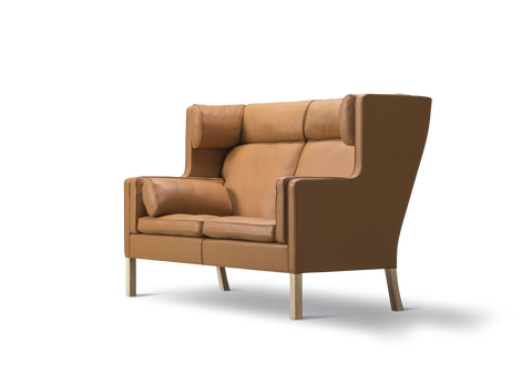 Mogensen 2292 high back sofa in cognac leather, three quarter angle showing wing sides and oak base