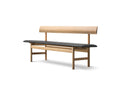 Mogensen 3171 bench three quarter view, oak frame with black leather seat, Danish modern furniture