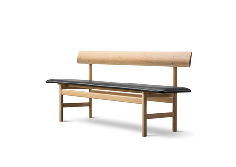 Mogensen 3171 bench three quarter view, oak frame with black leather seat, Danish modern furniture