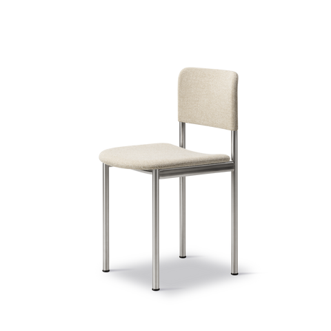 Fredericia Plan Chair angled front perspective in Hallingdal 220 beige fabric with brushed chrome legs