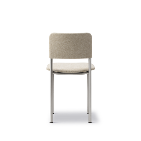 Fredericia Plan Chair back view in Hallingdal 220 light beige upholstery with brushed chrome frame