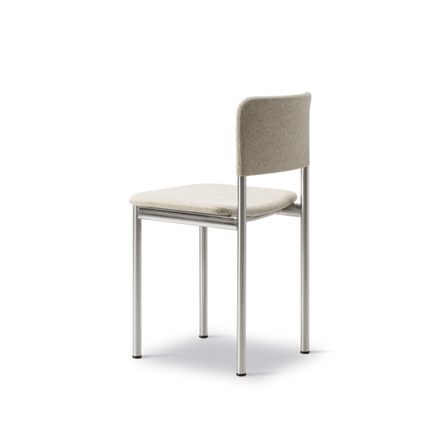 Fredericia Plan Chair angled rear perspective in Hallingdal 220 light beige fabric with brushed chrome legs