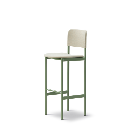 PLAN Barstool with upholstered seat and back, slim green powder-coated frame, shown at an angle.