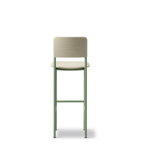 PLAN Barstool in modernist green with upholstered backrest, slim profile and durable frame.