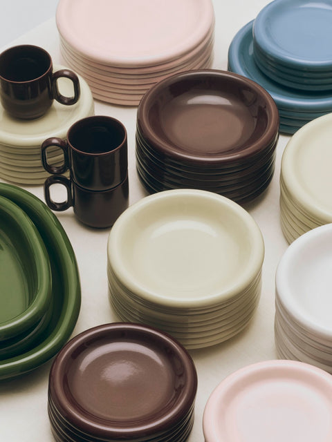 HAY Barro Bowls, Off-White, glazed terracotta bowls and plates, stacked in cream, pink, blue, brown and green with dark mugs