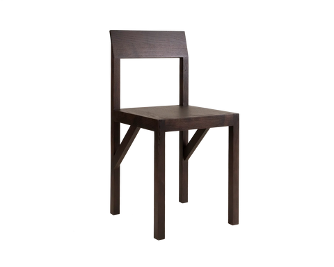 Frama Bracket Chair in Dark Brown Ash, dark ash chair with a low back rail and an angled bracket under the seat, on white