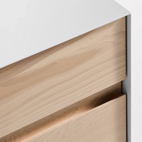 Blu Dot Clad Nightstand in Hickory/White detail shot showing solid hickory drawer fronts and integrated groove pull