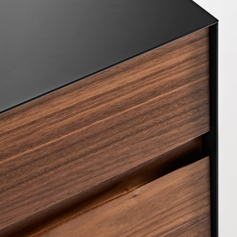 Blu Dot Clad Nightstand in Walnut/Oblivion detail shot showing solid walnut drawer fronts and integrated groove pull