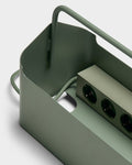 Pedestal Cable Villa in Mossy Green, steel cable box on wheels, close up with a power bar inside, sold separately