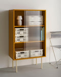 HAY Colour Crate, Medium, Off-White, recycled plastic storage crates, stacked with lids inside a yellow cabinet with fluted glass doors