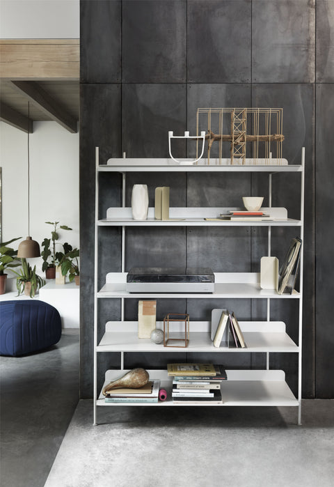 modern and minimalist free standing bookshelf designed by muuto 