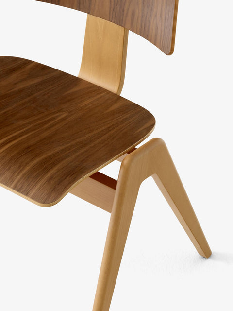 Detail view of Daystak RD1 Side Chair by &Tradition in beech with walnut veneer seat and backrest