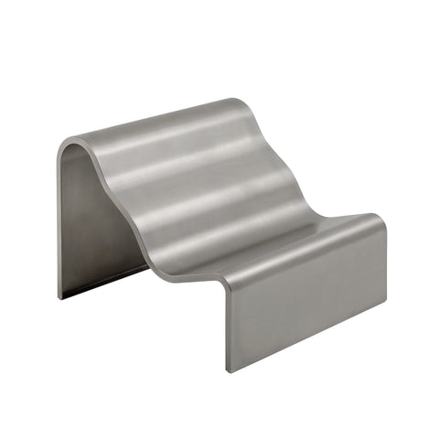 Muuto Dream View Bench in brushed steel, sculptural wave-shaped modern bench for indoor and outdoor seating
