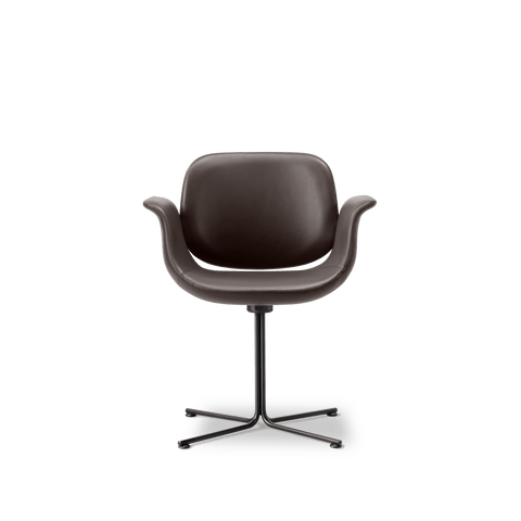 Fredericia Flamingo Chair front view in brown leather on black swivel four star base, Danish modern dining armchair