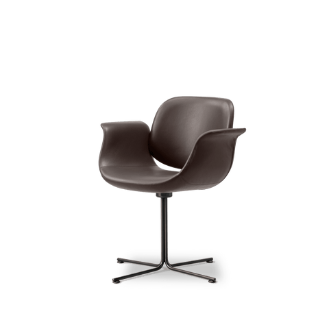 Fredericia Flamingo Chair three quarter angle, brown leather seat with sculpted arms on black swivel base, Danish design