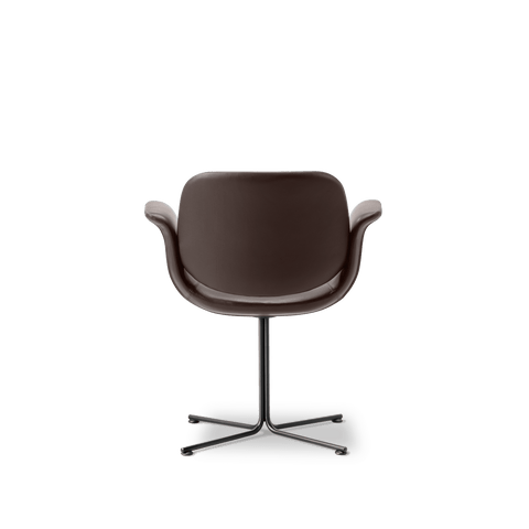 Fredericia Flamingo Chair rear view, brown leather shell with curved arms on black swivel four star base