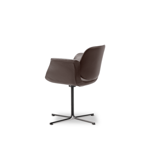Fredericia Flamingo Chair side rear angle in brown leather, winged arms on minimalist four star pedestal base