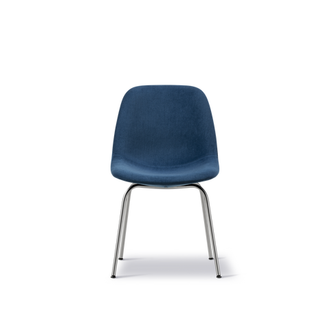 Front view of Eyes 4-Leg Tube Base chair by Fredericia in blue upholstery with chrome legs