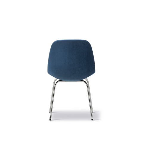 Back view of Eyes 4-Leg Tube Base chair by Fredericia with upholstered seat and slim chrome legs