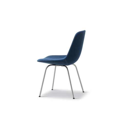 Side profile of Eyes 4-Leg Tube Base chair by Fredericia in blue fabric with tubular steel legs