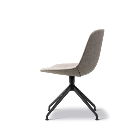 Eyes Swivel Chair, X-base in light grey fabric, angled black legs, shown from front-side perspective.