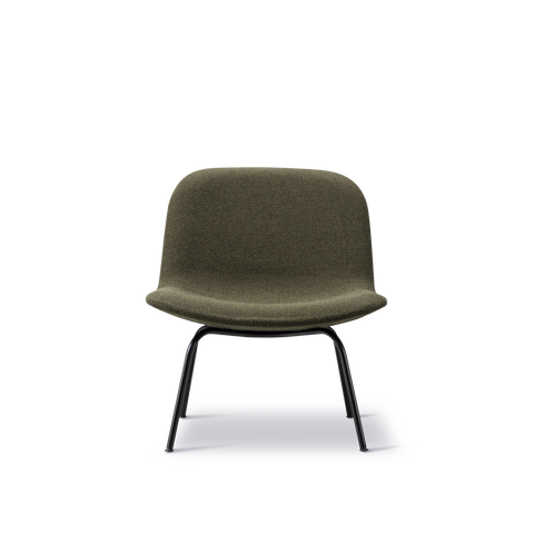 Front view of Fredericia Eyes lounge chair in green upholstery with black metal legs