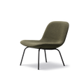 Angled view of Fredericia Eyes 4 leg lounge chair in green fabric on black steel frame