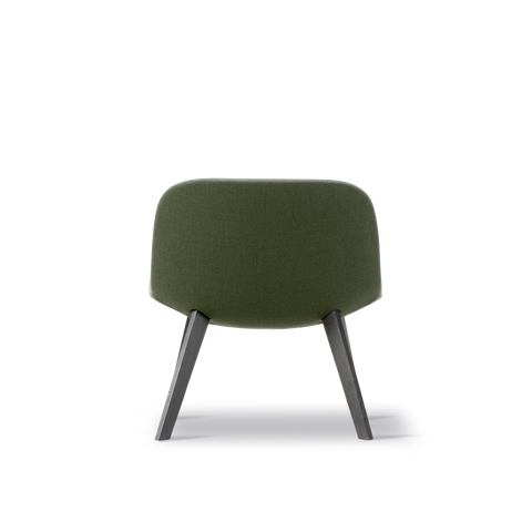 Back view of Fredericia Eyes Lounge Chair green fabric shell with black oak legs Danish modern lounge chair
