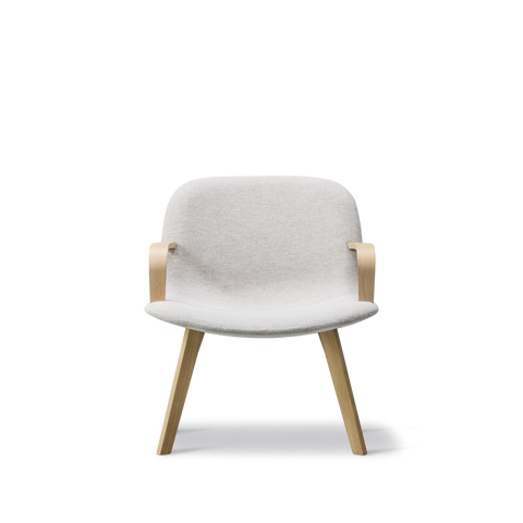 Front view of Fredericia Eyes Lounge Chair upholstered in light grey with bent oak arms and oak base, Danish Scandinavian lounge chair
