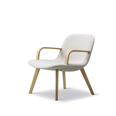 Fredericia Eyes Lounge Chair in light grey with bent oak arms and oak legs, three quarter view, Scandinavian modern armchair